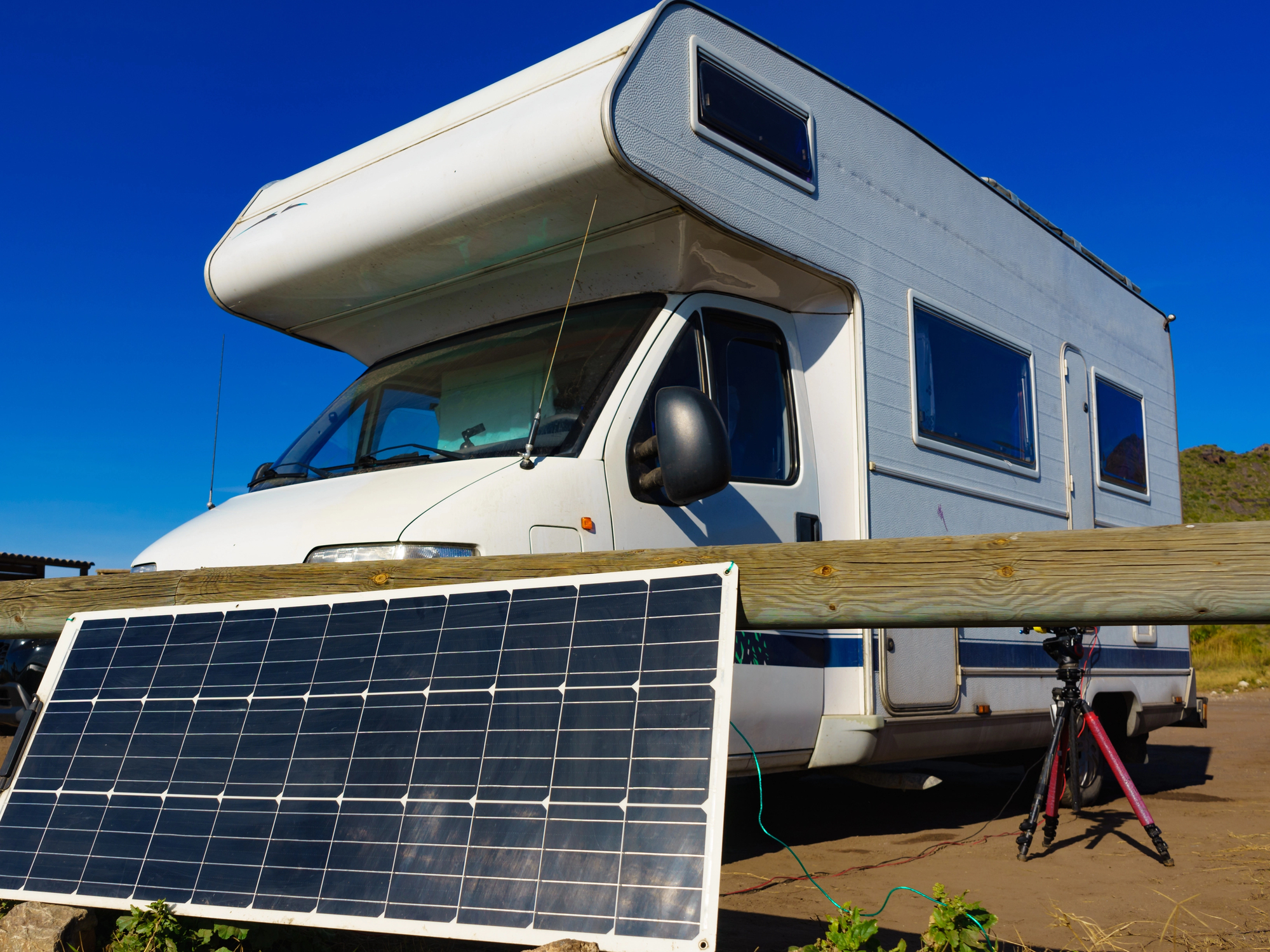 Portable solar photovoltaic panel, charging battery at camper car