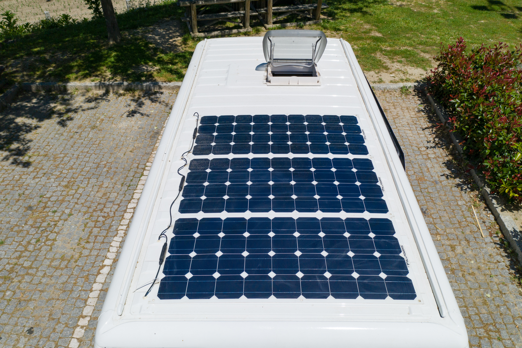 Camper van solar roof panels with skylight top view Motorhome